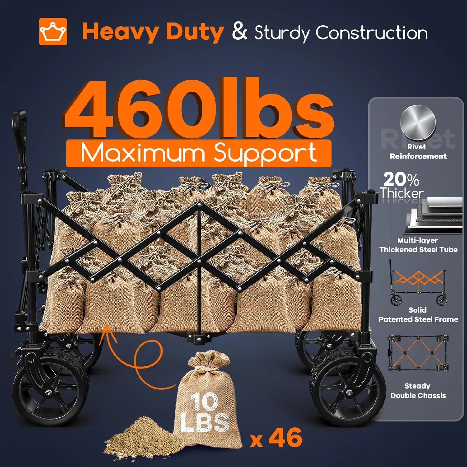 220L Collapsible Wagon Cart Foldable, 460LB Load Capacity Heavy Duty Folding Beach Wagons with Big All-Terrain Wheels, Utility Carts for Groceries, Shopping, Camping, Sports - Grey&Black
