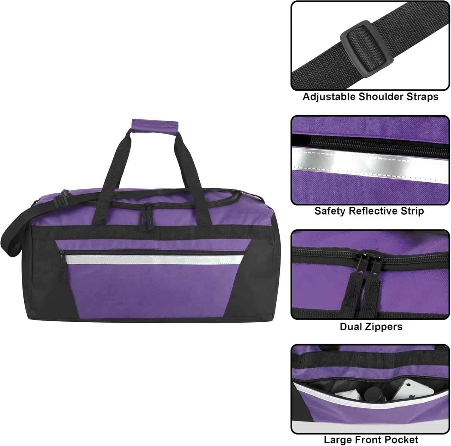 24 Pack Reflective Duffle Bags Bulk for Homeless Adults, Gym, Foster Kids Bulk Duffel Bags Wholesale (Purple Pack)