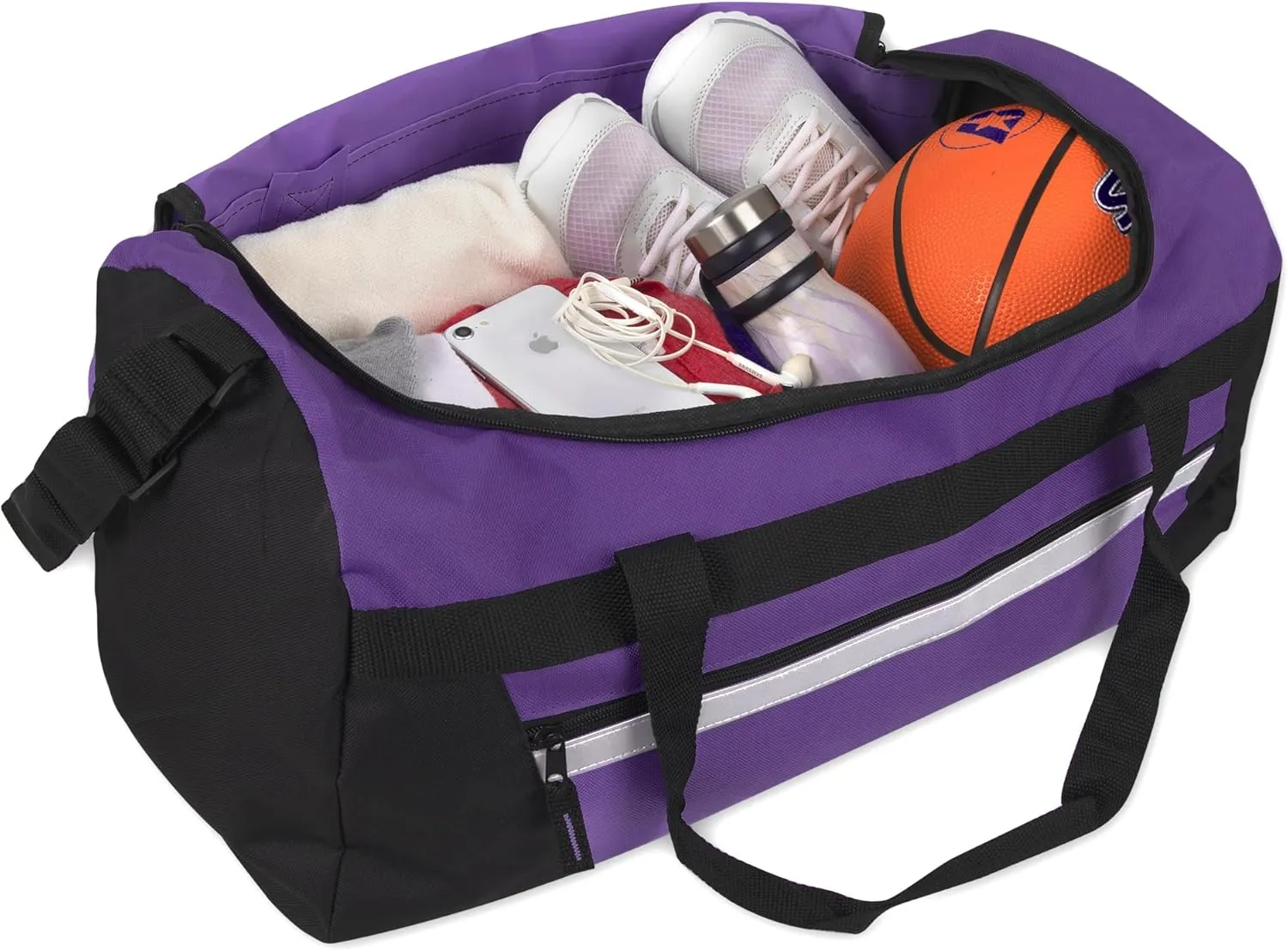 24 Pack Reflective Duffle Bags Bulk for Homeless Adults, Gym, Foster Kids Bulk Duffel Bags Wholesale (Purple Pack)