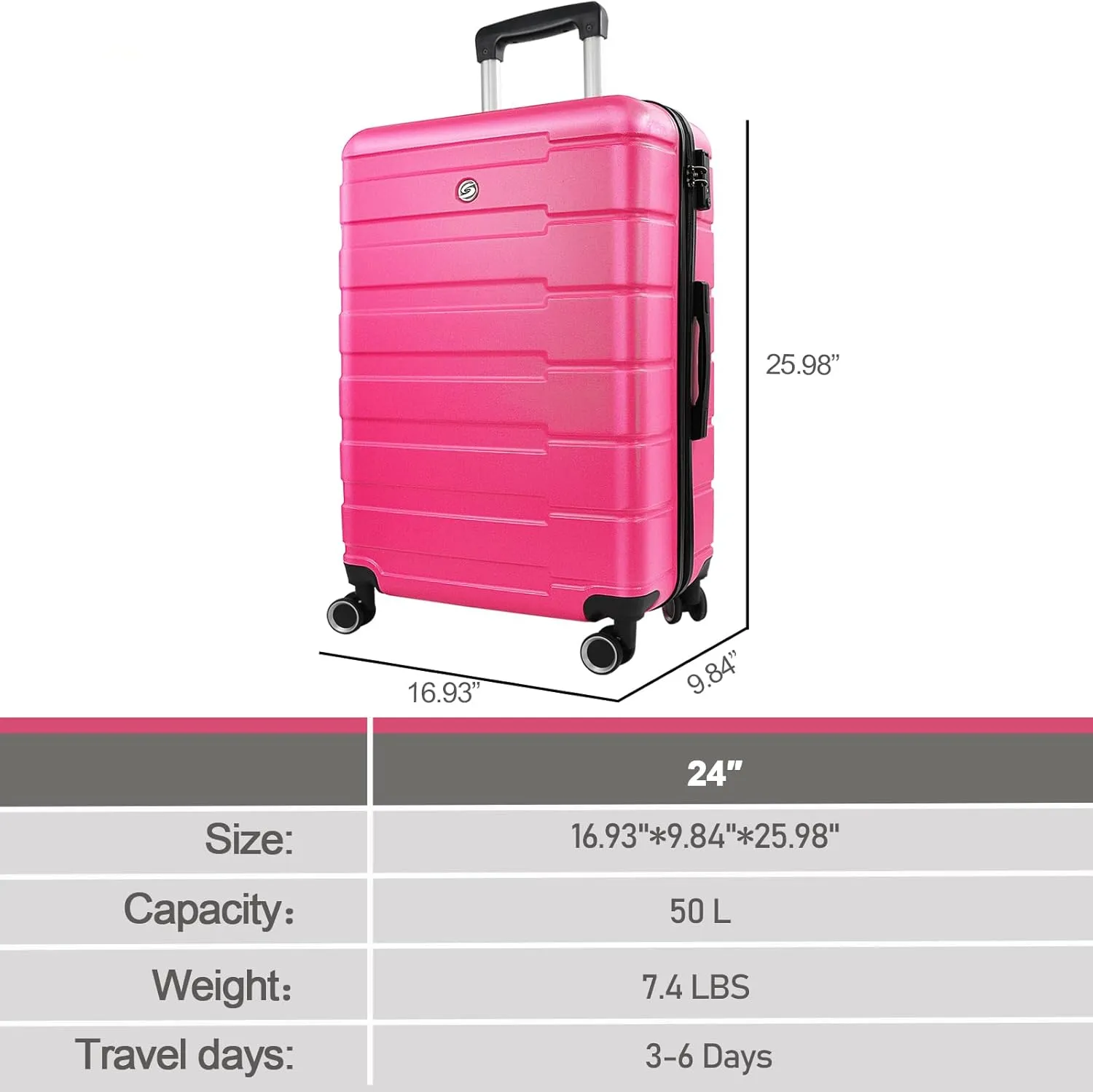 24" Hard Shell Luggage with Spinner Wheels,Lightweight Travel Suitcase for Women,Checked-Medium Luggage 24-Inch,Rose Red