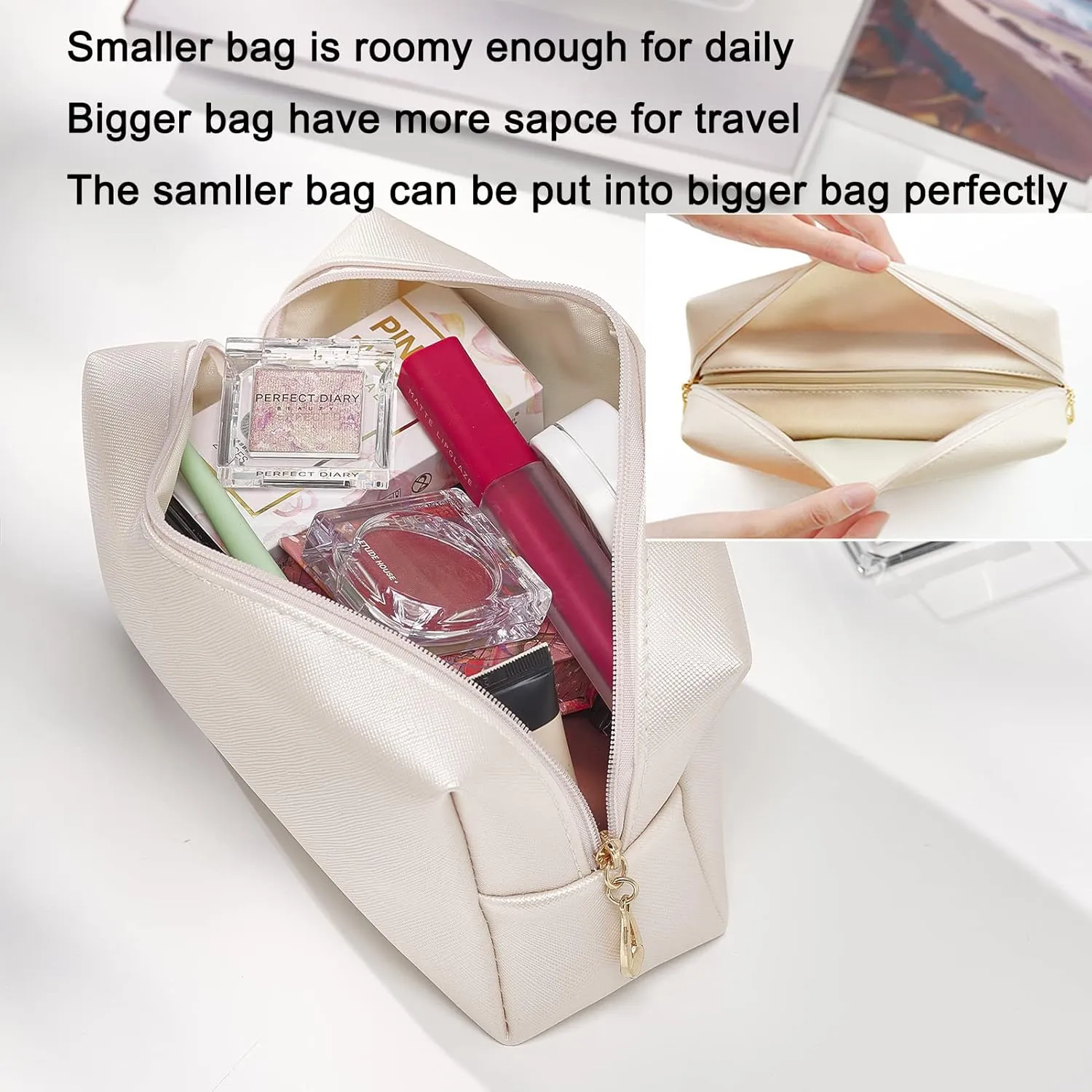 2pcc set PU Leather Cosmetic Bag for Women Minimalism Makeup Bag for Daily Use Portable Storage Purse Small Neat Cosmetic Pouch Water-resistant Toiletry Bag for Travel (Ivory White)