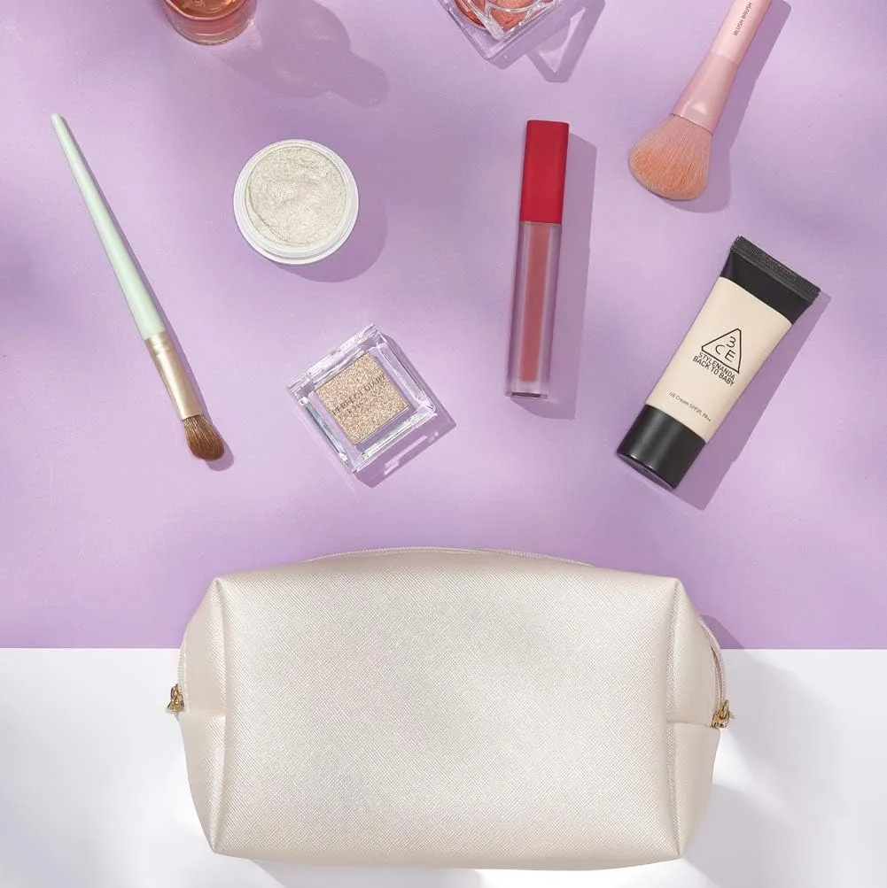 2pcc set PU Leather Cosmetic Bag for Women Minimalism Makeup Bag for Daily Use Portable Storage Purse Small Neat Cosmetic Pouch Water-resistant Toiletry Bag for Travel (Ivory White)