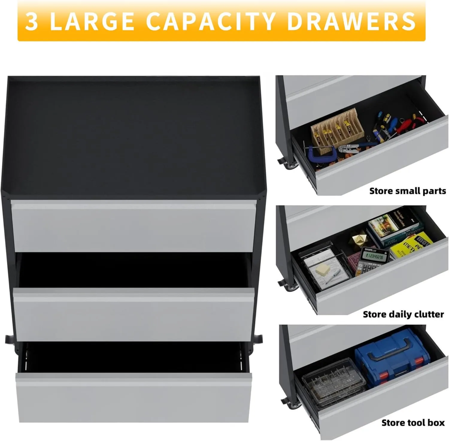 3 Drawer Garage Storage Cabinet on Wheels, Small Metal Tool Cabinet with Drawers, Tool Chest for Home, Office, Workshop, Utility Room, Assembly Required, Black/Gray