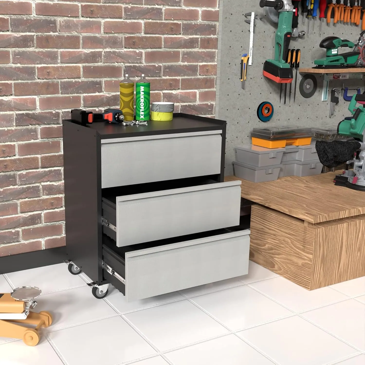 3 Drawer Garage Storage Cabinet on Wheels, Small Metal Tool Cabinet with Drawers, Tool Chest for Home, Office, Workshop, Utility Room, Assembly Required, Black/Gray