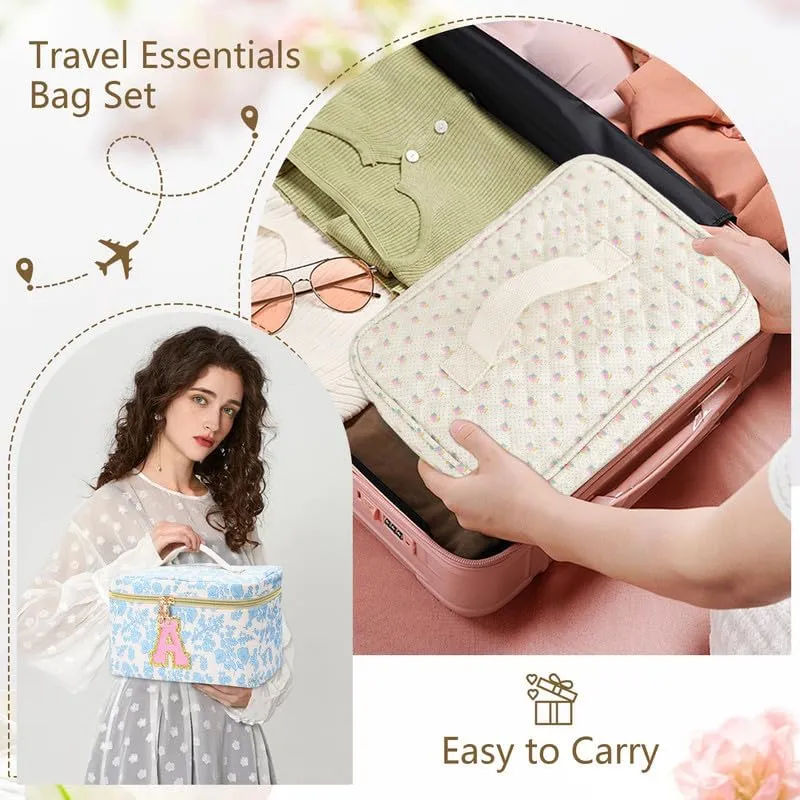 3 PCS Travel Makeup Bag Set, A-Z Initials Cotton Make up Bag Floral Quilted Cosmetic Bag for Girls and Women, Personalized Cute Toiletry Bag Travel Accessories Brushes Bag Yellow - E