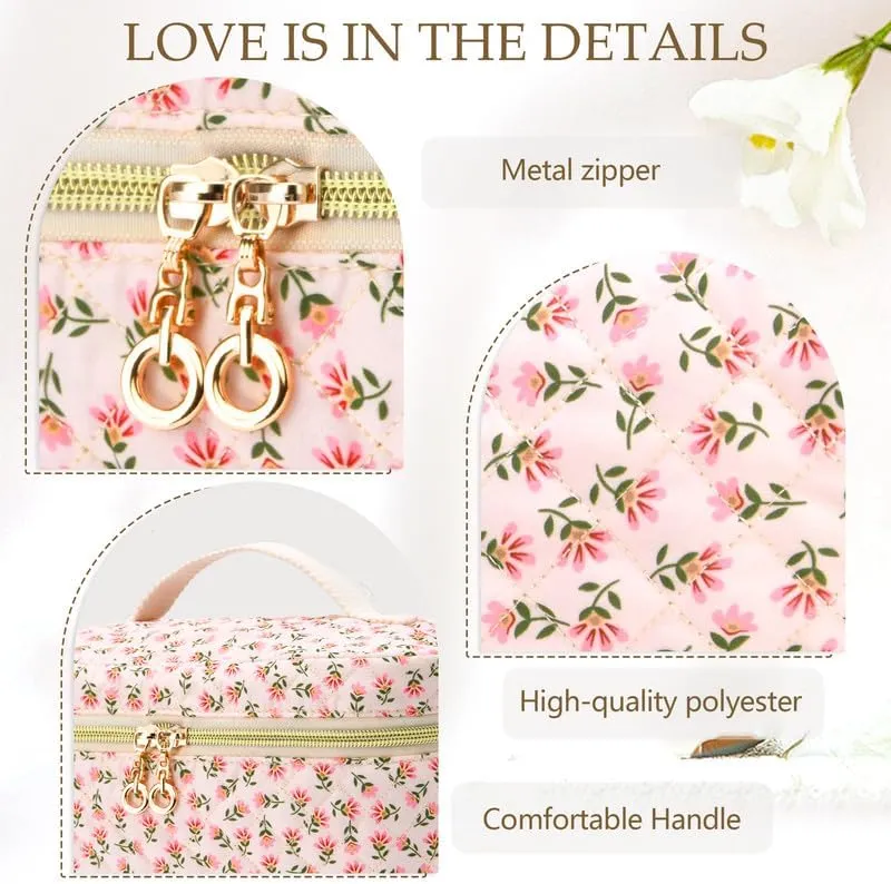 3 PCS Travel Makeup Bag Set, A-Z Initials Cotton Make up Bag Floral Quilted Cosmetic Bag for Girls and Women, Personalized Cute Toiletry Bag Travel Accessories Brushes Bag Yellow - E