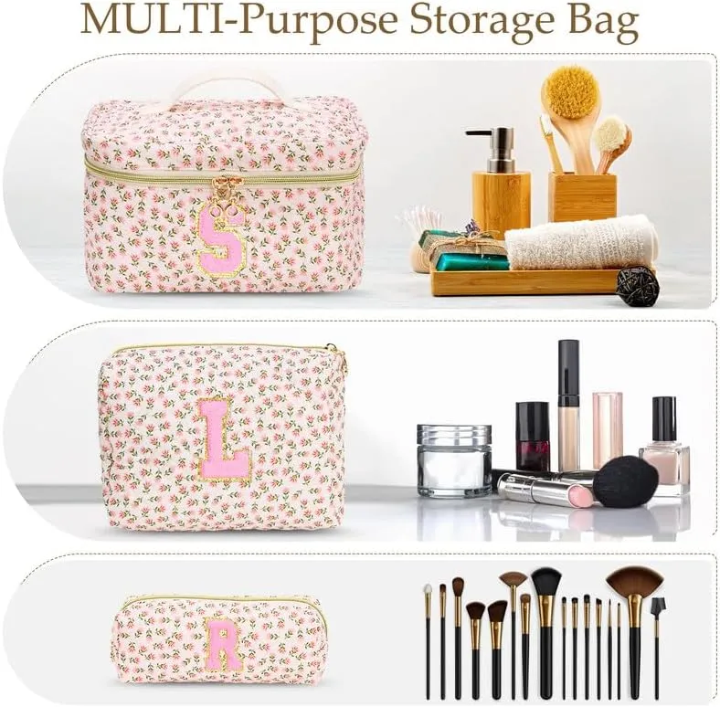 3 PCS Travel Makeup Bag Set, A-Z Initials Cotton Make up Bag Floral Quilted Cosmetic Bag for Girls and Women, Personalized Cute Toiletry Bag Travel Accessories Brushes Bag Yellow - E