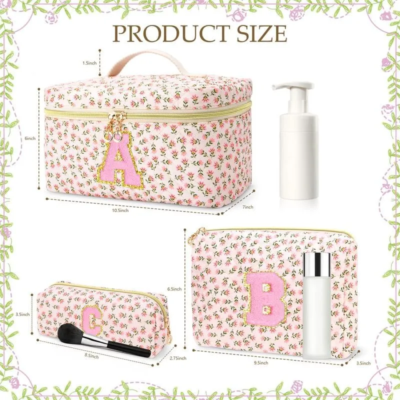 3 PCS Travel Makeup Bag Set, A-Z Initials Cotton Make up Bag Floral Quilted Cosmetic Bag for Girls and Women, Personalized Cute Toiletry Bag Travel Accessories Brushes Bag Yellow - E