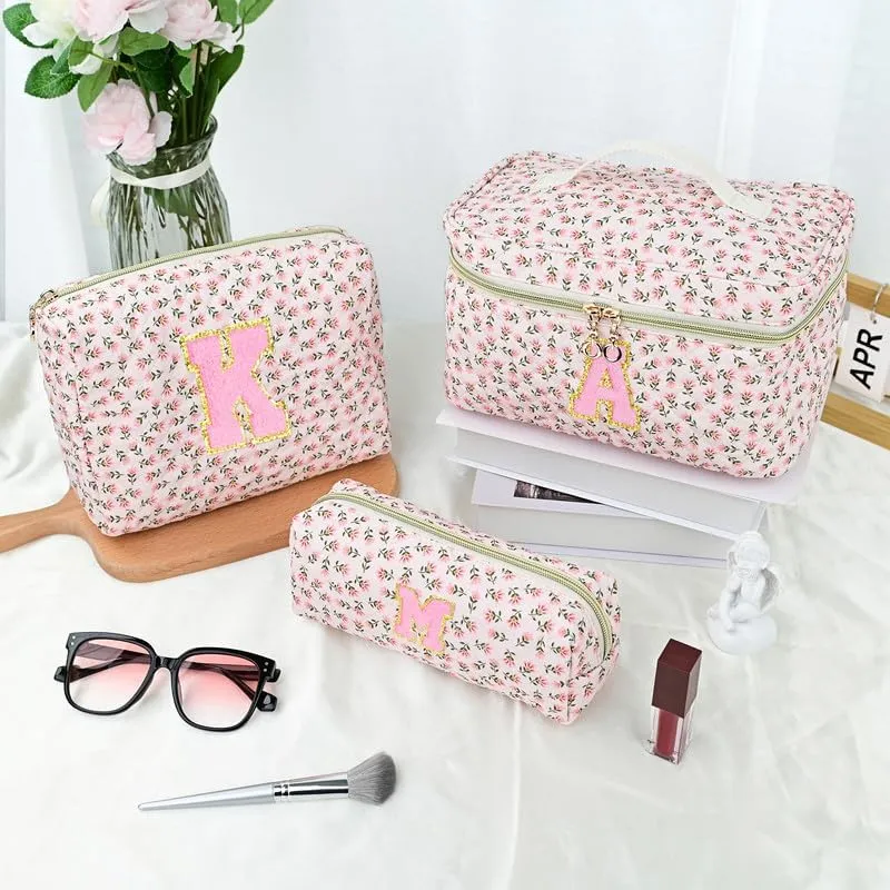 3 PCS Travel Makeup Bag Set, A-Z Initials Cotton Make up Bag Floral Quilted Cosmetic Bag for Girls and Women, Personalized Cute Toiletry Bag Travel Accessories Brushes Bag Yellow - E