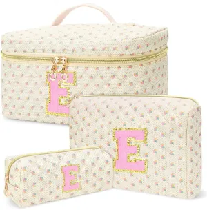 3 PCS Travel Makeup Bag Set, A-Z Initials Cotton Make up Bag Floral Quilted Cosmetic Bag for Girls and Women, Personalized Cute Toiletry Bag Travel Accessories Brushes Bag Yellow - E