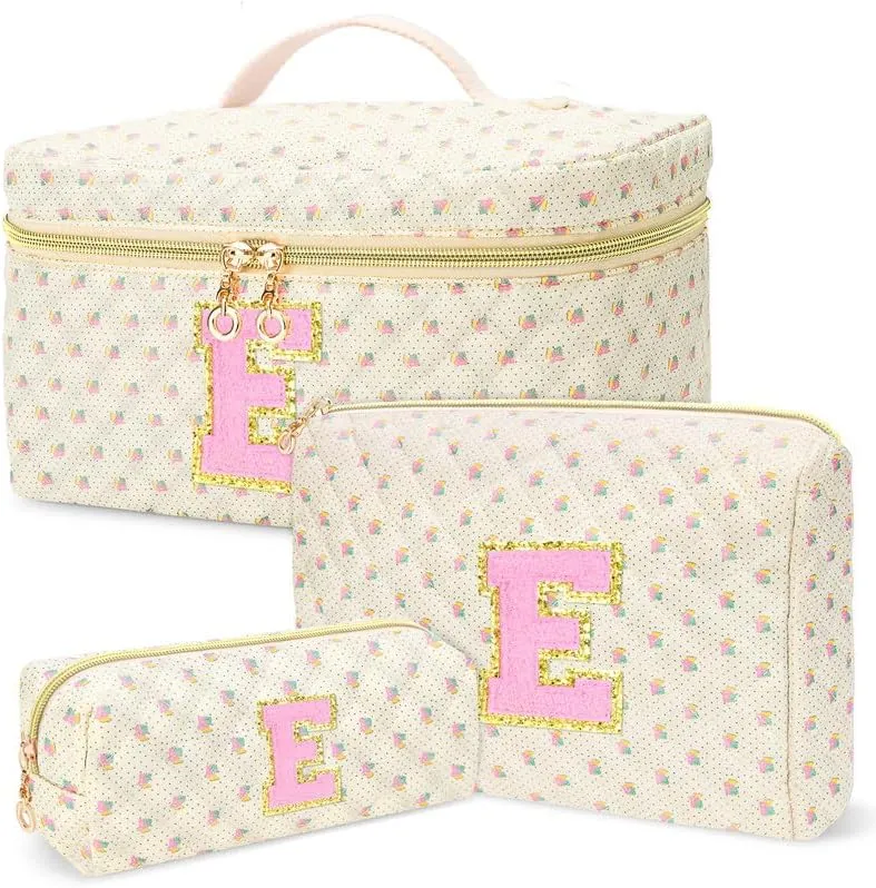 3 PCS Travel Makeup Bag Set, A-Z Initials Cotton Make up Bag Floral Quilted Cosmetic Bag for Girls and Women, Personalized Cute Toiletry Bag Travel Accessories Brushes Bag Yellow - E