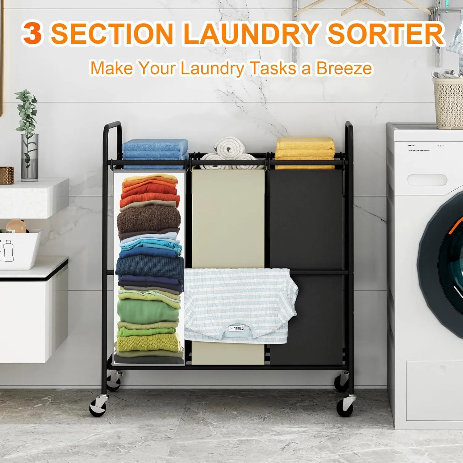 3 Section Laundry Hamper, 120L Large Rolling Laundry Sorter Cart, Laundry Basket with Lockable Wheels & Removable Bags, Laundry Room Organization for Dirty Clothes Storage