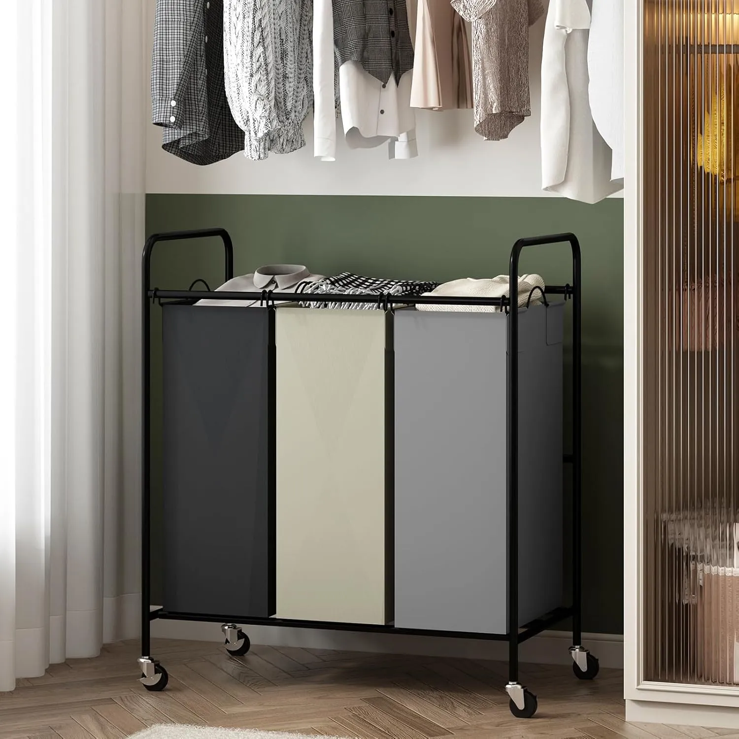 3 Section Laundry Hamper, 120L Large Rolling Laundry Sorter Cart, Laundry Basket with Lockable Wheels & Removable Bags, Laundry Room Organization for Dirty Clothes Storage
