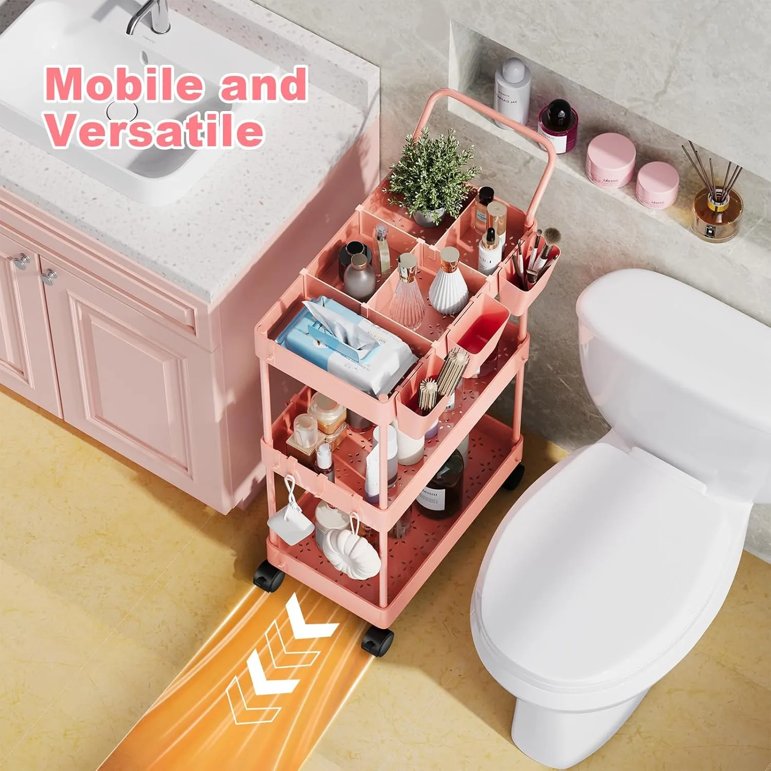 3 Tier Plastic Rolling Utility Cart with Handle, Multi-Functional Storage Trolley for Office, Living Room, Kitchen, Movable Storage Organizer with Wheels for Laundry Room & Narrow Places