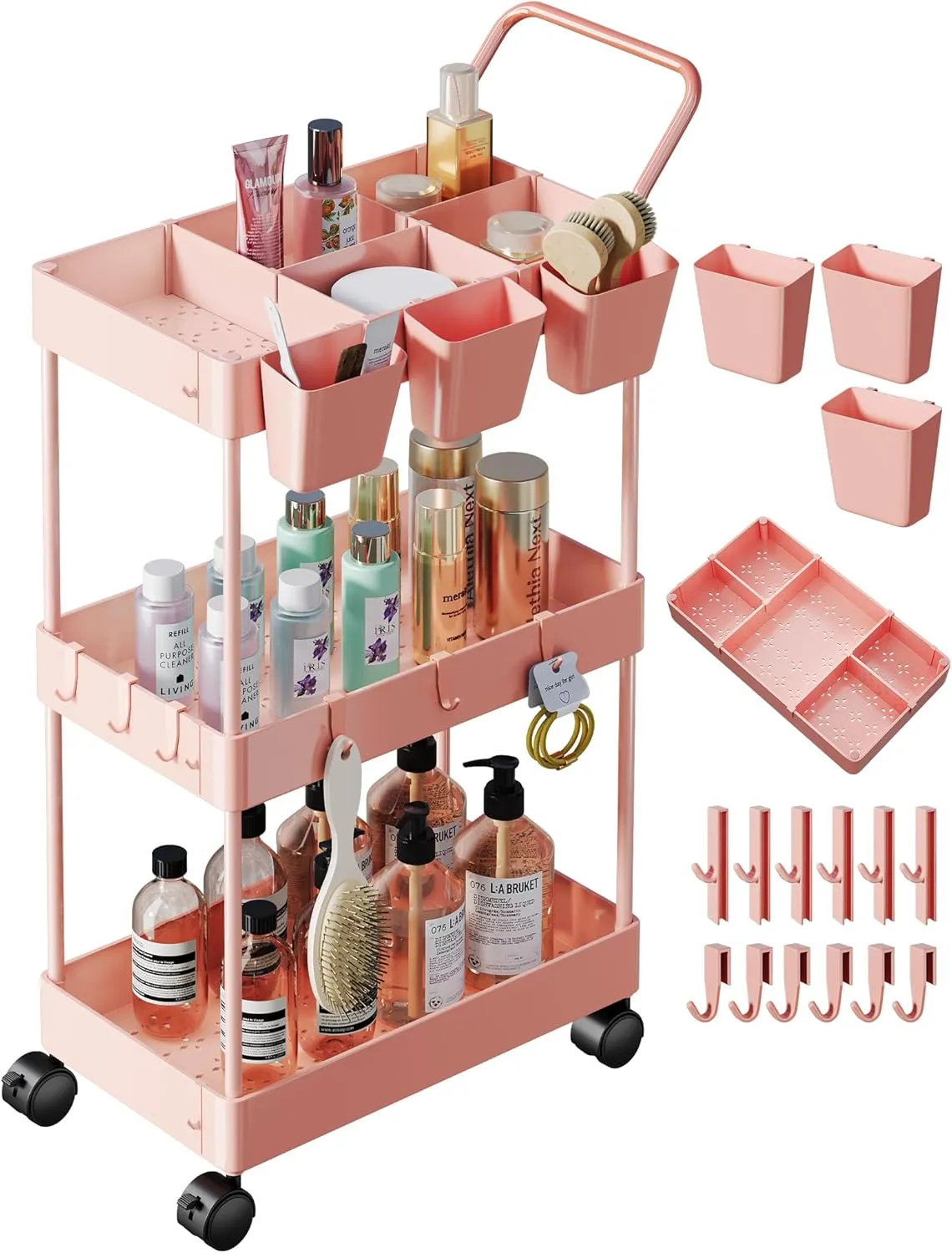 3 Tier Plastic Rolling Utility Cart with Handle, Multi-Functional Storage Trolley for Office, Living Room, Kitchen, Movable Storage Organizer with Wheels for Laundry Room & Narrow Places