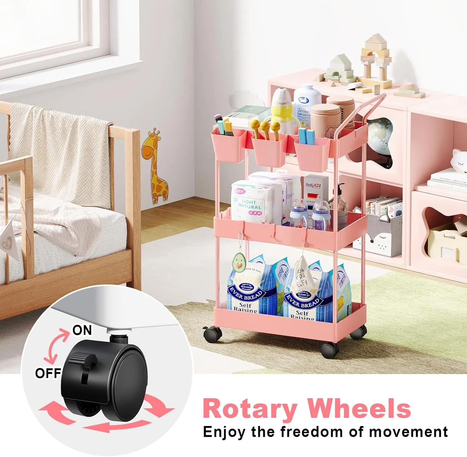 3 Tier Plastic Rolling Utility Cart with Handle, Multi-Functional Storage Trolley for Office, Living Room, Kitchen, Movable Storage Organizer with Wheels for Laundry Room & Narrow Places