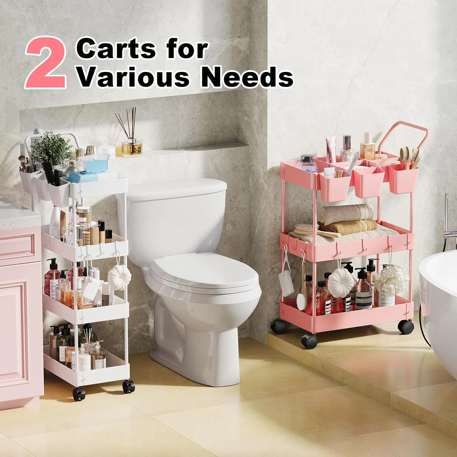 3 Tier Plastic Rolling Utility Cart with Handle, Multi-Functional Storage Trolley for Office, Living Room, Kitchen, Movable Storage Organizer with Wheels for Laundry Room & Narrow Places