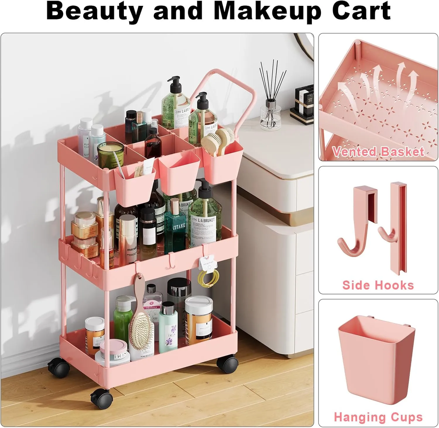 3 Tier Plastic Rolling Utility Cart with Handle, Multi-Functional Storage Trolley for Office, Living Room, Kitchen, Movable Storage Organizer with Wheels for Laundry Room & Narrow Places