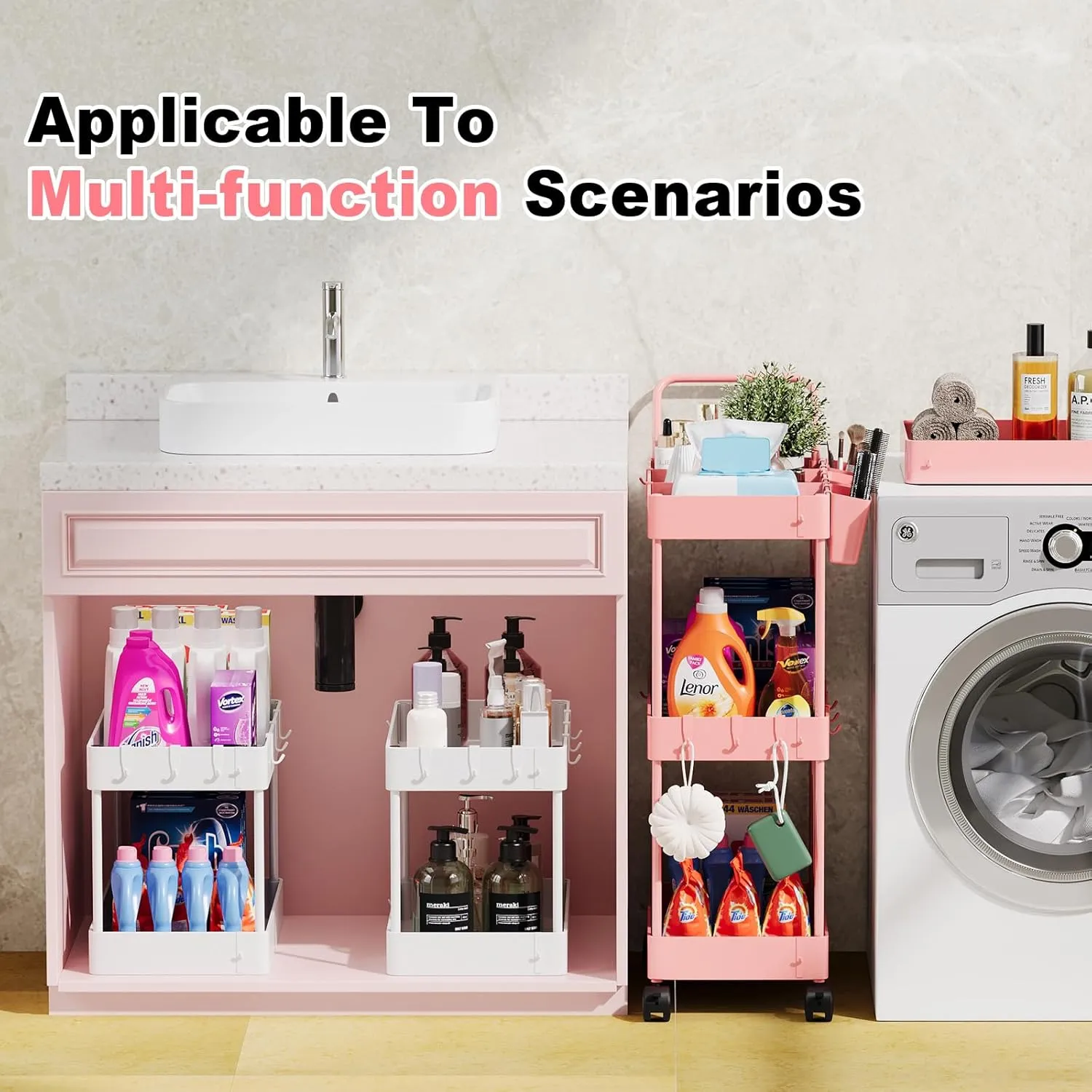 3 Tier Plastic Rolling Utility Cart with Handle, Multi-Functional Storage Trolley for Office, Living Room, Kitchen, Movable Storage Organizer with Wheels for Laundry Room & Narrow Places