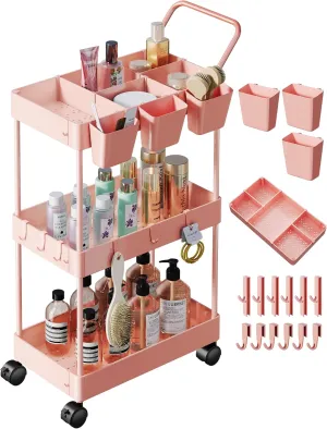3 Tier Plastic Rolling Utility Cart with Handle, Multi-Functional Storage Trolley for Office, Living Room, Kitchen, Movable Storage Organizer with Wheels for Laundry Room & Narrow Places