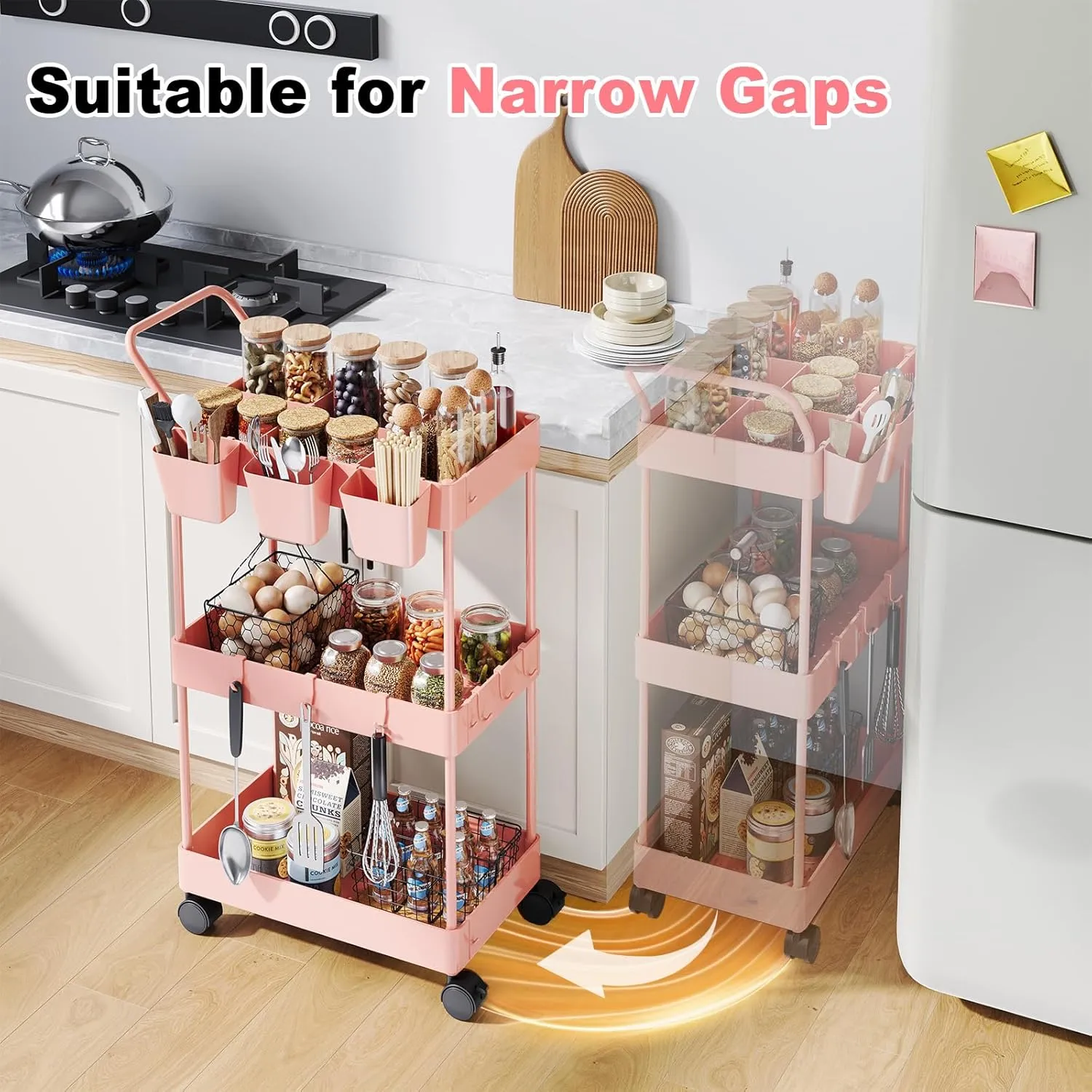 3 Tier Plastic Rolling Utility Cart with Handle, Multi-Functional Storage Trolley for Office, Living Room, Kitchen, Movable Storage Organizer with Wheels for Laundry Room & Narrow Places