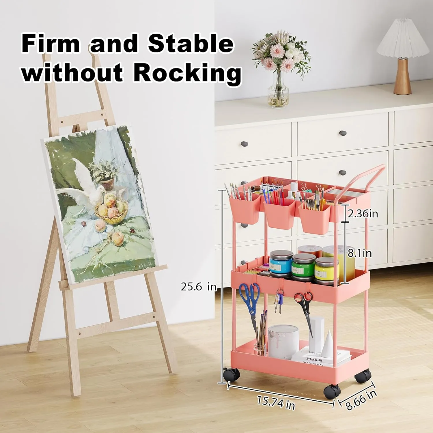 3 Tier Plastic Rolling Utility Cart with Handle, Multi-Functional Storage Trolley for Office, Living Room, Kitchen, Movable Storage Organizer with Wheels for Laundry Room & Narrow Places