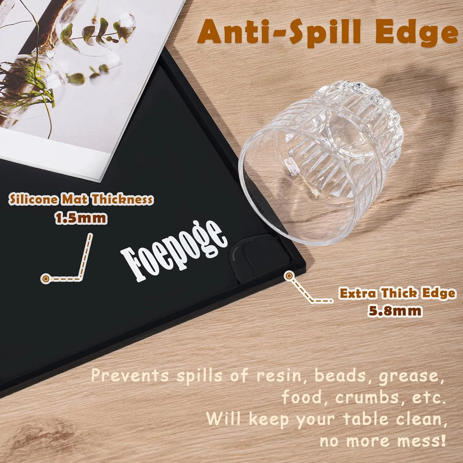31.5 x 23.6 x 0.06 Inches Extra Thick Silicone Mat with Lip 0.22" Raised Edge for Resin, Large Silicon Matt for Kitchen Counter Heat Resistant, Silicone Craft Mat for Table Placemat by Foepoge(Black)