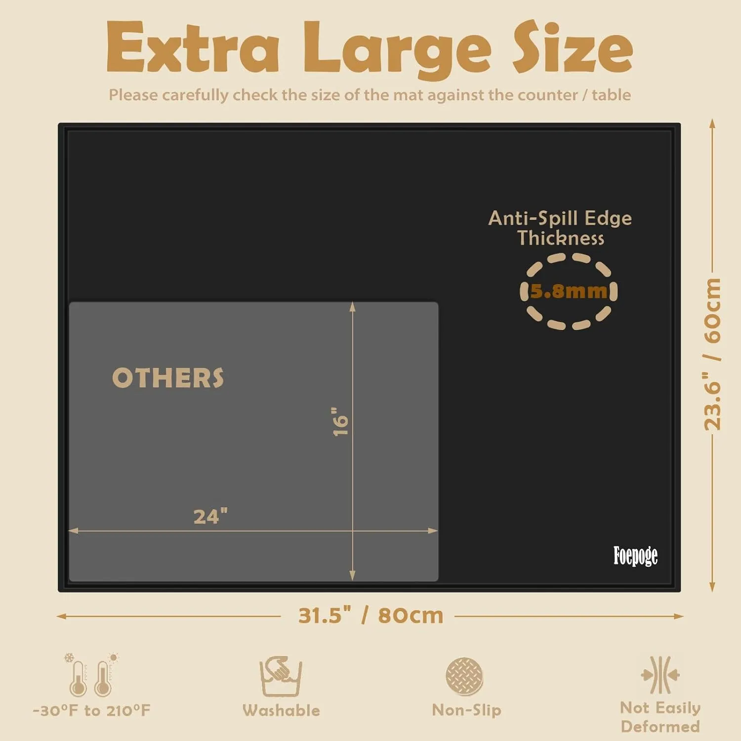 31.5 x 23.6 x 0.06 Inches Extra Thick Silicone Mat with Lip 0.22" Raised Edge for Resin, Large Silicon Matt for Kitchen Counter Heat Resistant, Silicone Craft Mat for Table Placemat by Foepoge(Black)