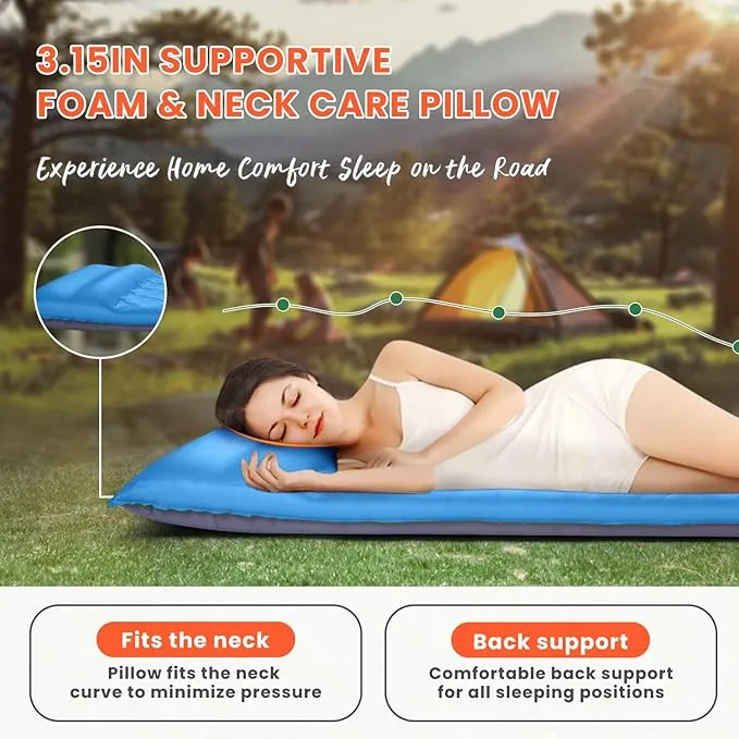 3.2" Ultra Thick Self Inflating Sleeping Pad, Fast Inflating Camping Mattress with Memory Foam, Camping Mat with Pillow & Pump Sack, 4 Season Insulated Sleeping Pad for Camping, Tent
