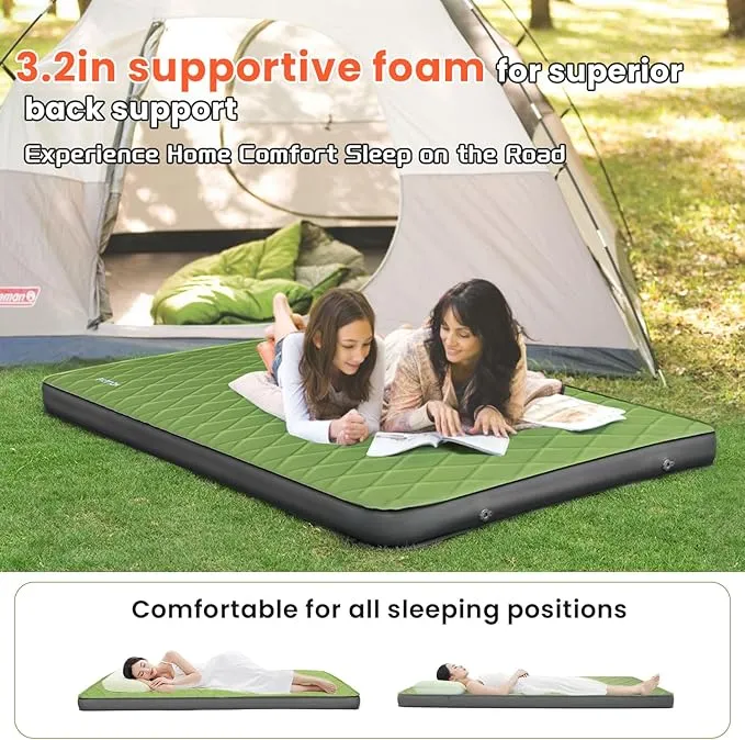 3.2" Ultra Thick Self Inflating Sleeping Pad, Fast Inflating Camping Mattress with Memory Foam, Camping Mat with Pillow & Pump Sack, 4 Season Insulated Sleeping Pad for Camping, Tent