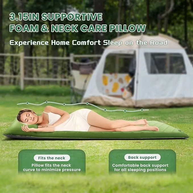 3.2" Ultra Thick Self Inflating Sleeping Pad, Fast Inflating Camping Mattress with Memory Foam, Camping Mat with Pillow & Pump Sack, 4 Season Insulated Sleeping Pad for Camping, Tent