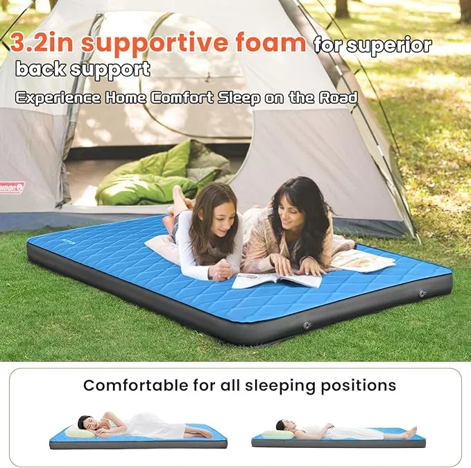 3.2" Ultra Thick Self Inflating Sleeping Pad, Fast Inflating Camping Mattress with Memory Foam, Camping Mat with Pillow & Pump Sack, 4 Season Insulated Sleeping Pad for Camping, Tent