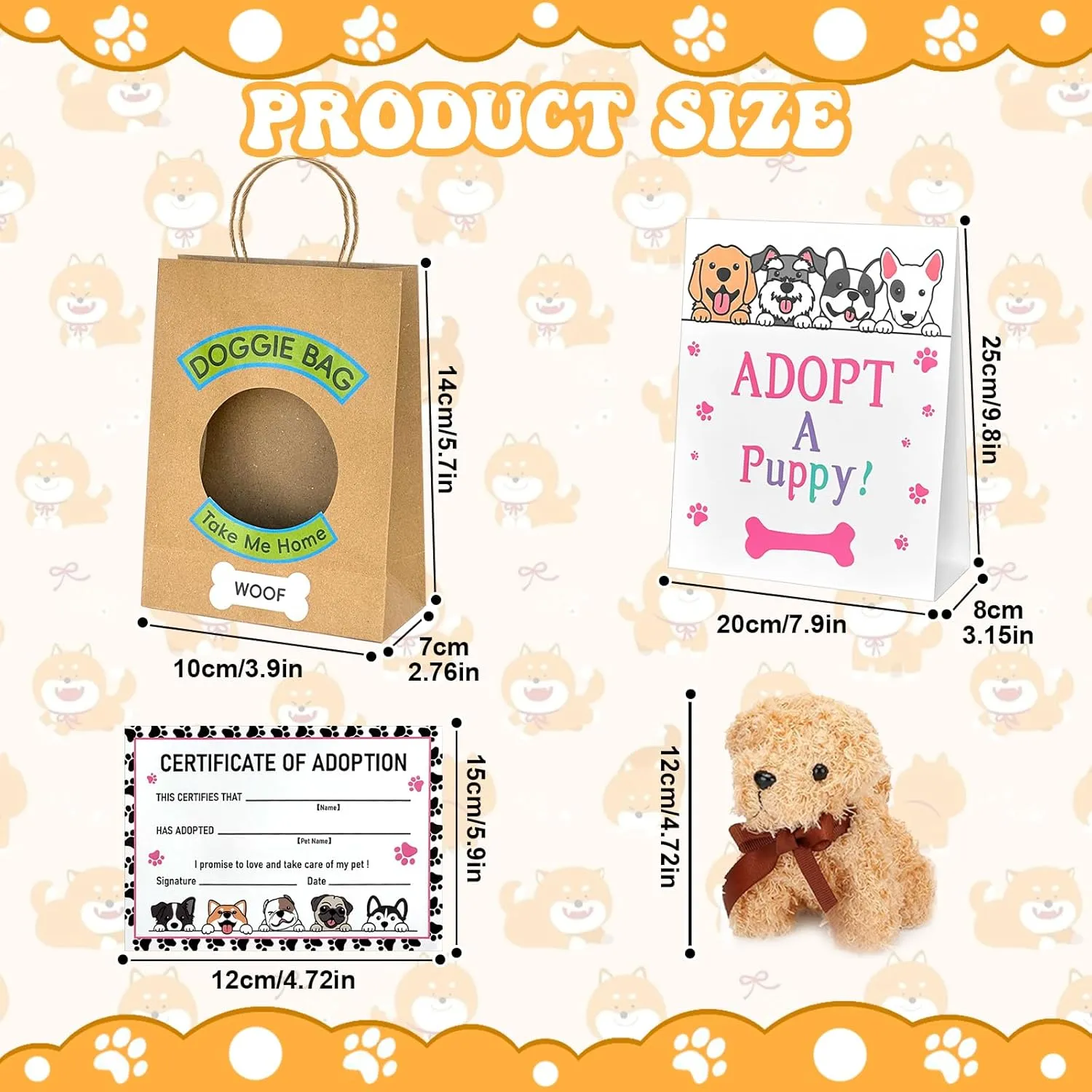 38 Pcs Adopt a Puppy Party Favors Include 12 Pcs Mini Stuffed Dogs 12 Pcs Kraft Paper Gift Bags 12 Pcs Adopt Cards 1 Adopt Sign 1 Fence for Adopt a Dog Party Favor Supplies Pet Birthday Gifts