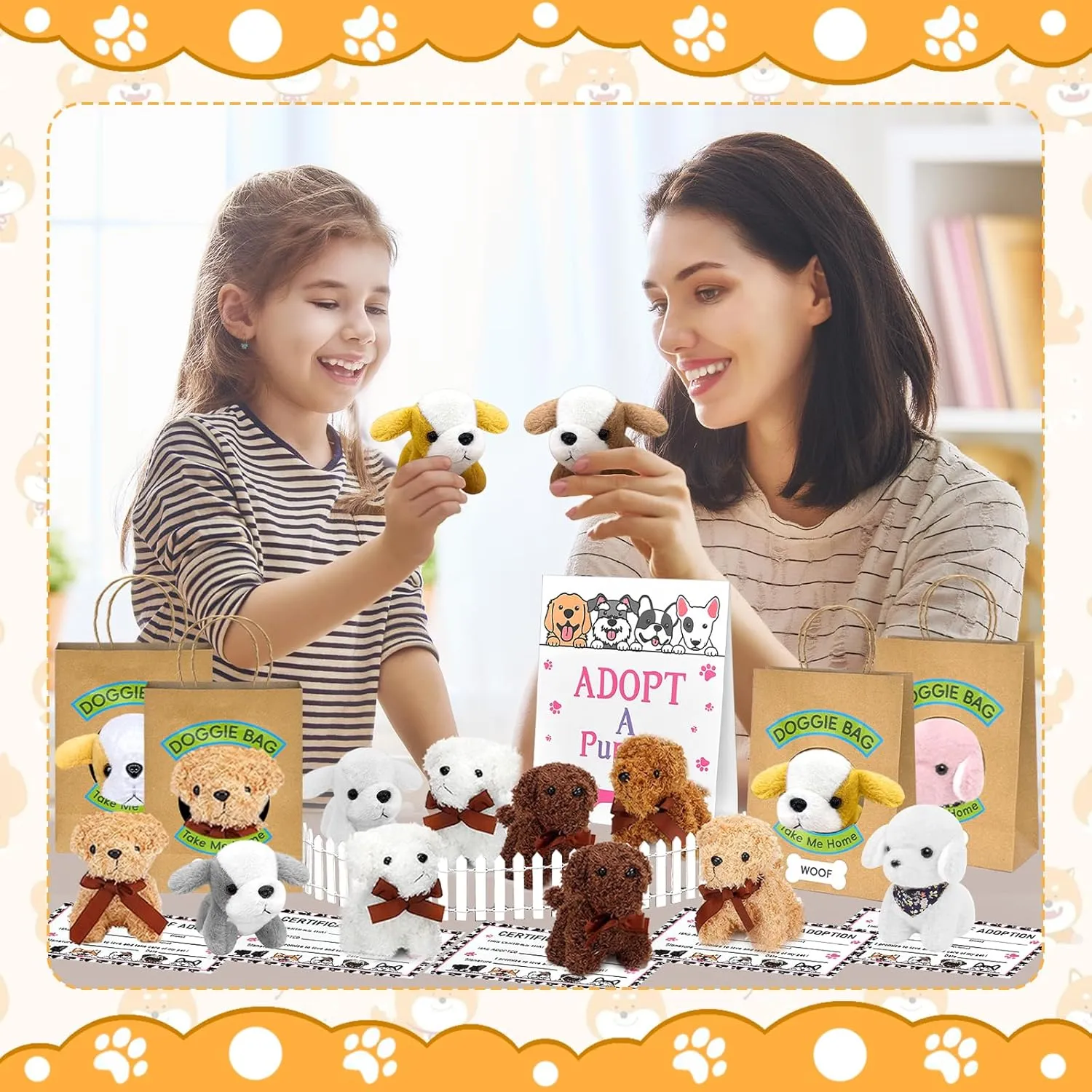 38 Pcs Adopt a Puppy Party Favors Include 12 Pcs Mini Stuffed Dogs 12 Pcs Kraft Paper Gift Bags 12 Pcs Adopt Cards 1 Adopt Sign 1 Fence for Adopt a Dog Party Favor Supplies Pet Birthday Gifts