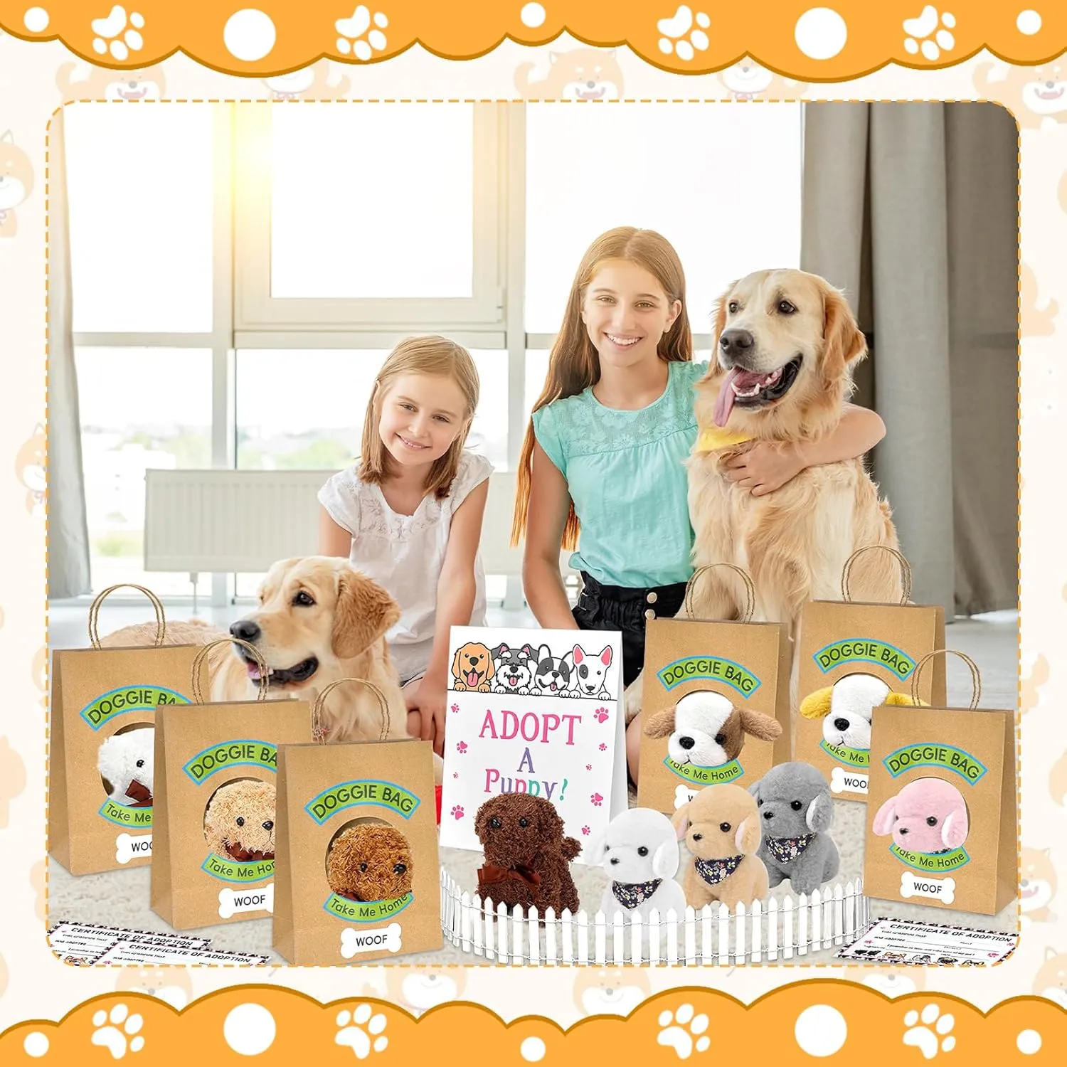 38 Pcs Adopt a Puppy Party Favors Include 12 Pcs Mini Stuffed Dogs 12 Pcs Kraft Paper Gift Bags 12 Pcs Adopt Cards 1 Adopt Sign 1 Fence for Adopt a Dog Party Favor Supplies Pet Birthday Gifts