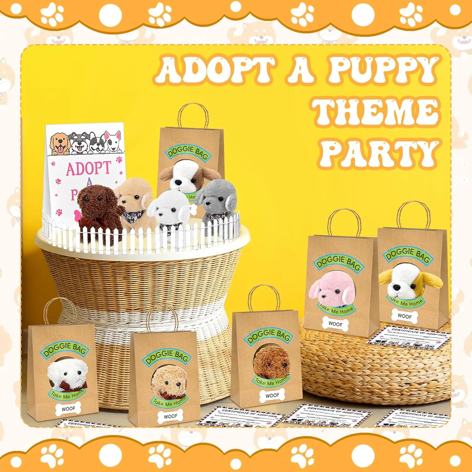 38 Pcs Adopt a Puppy Party Favors Include 12 Pcs Mini Stuffed Dogs 12 Pcs Kraft Paper Gift Bags 12 Pcs Adopt Cards 1 Adopt Sign 1 Fence for Adopt a Dog Party Favor Supplies Pet Birthday Gifts