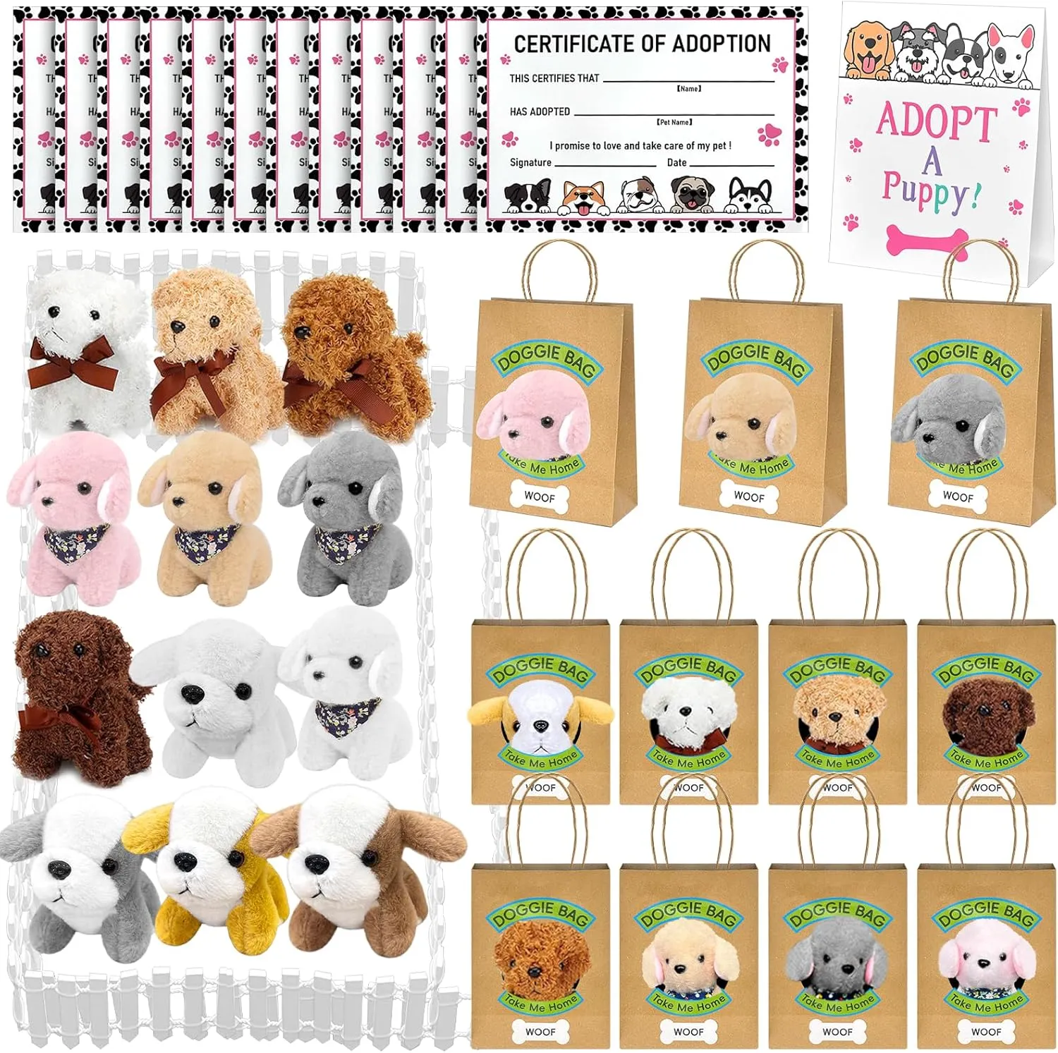 38 Pcs Adopt a Puppy Party Favors Include 12 Pcs Mini Stuffed Dogs 12 Pcs Kraft Paper Gift Bags 12 Pcs Adopt Cards 1 Adopt Sign 1 Fence for Adopt a Dog Party Favor Supplies Pet Birthday Gifts