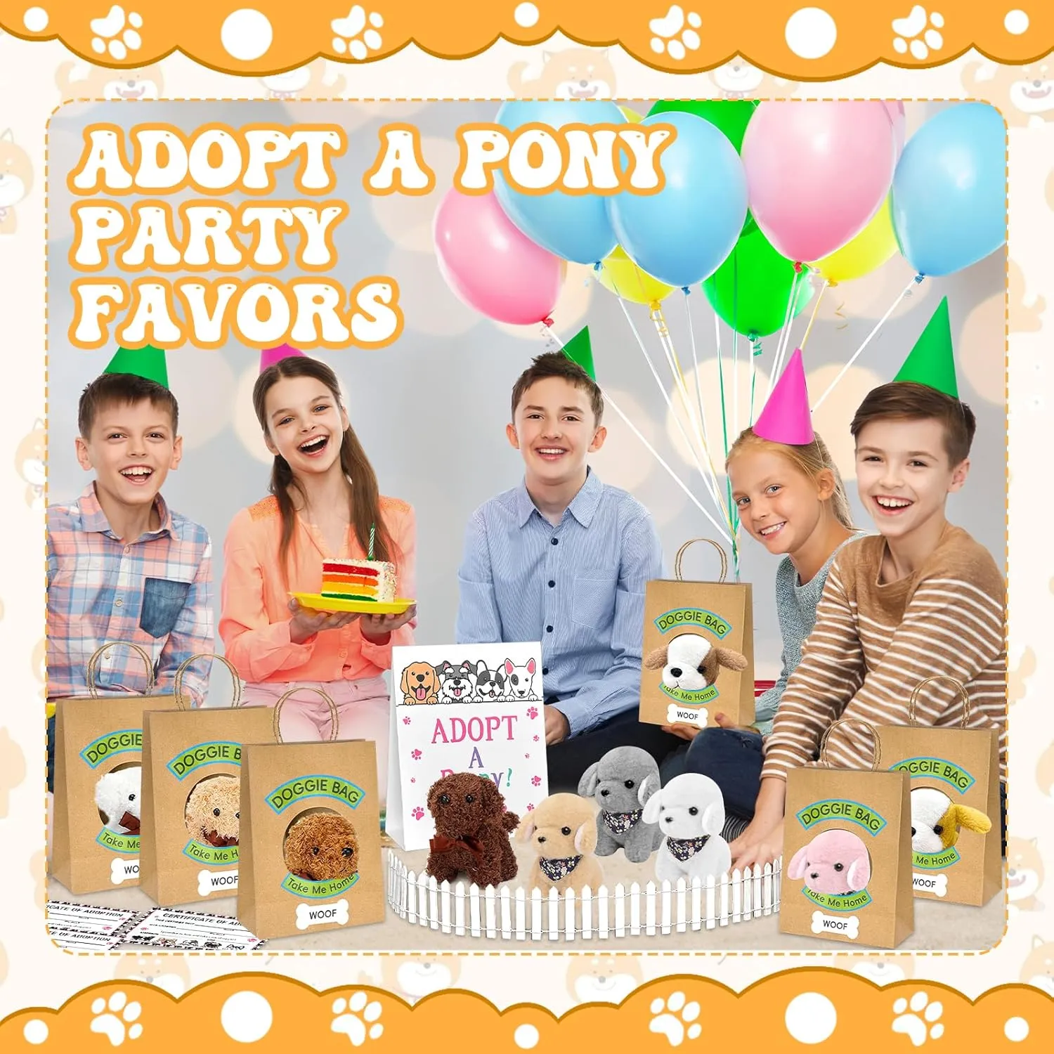 38 Pcs Adopt a Puppy Party Favors Include 12 Pcs Mini Stuffed Dogs 12 Pcs Kraft Paper Gift Bags 12 Pcs Adopt Cards 1 Adopt Sign 1 Fence for Adopt a Dog Party Favor Supplies Pet Birthday Gifts