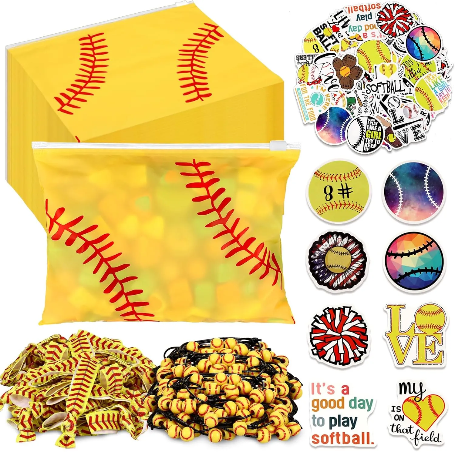 390 Pcs Softball Party Favors Softball Team Gifts for Women Include 30 Goodie Makeup Bags 30 Bracelet 30 Hair Ties 300 Sticker for Sports Lovers Birthday Party Decoration