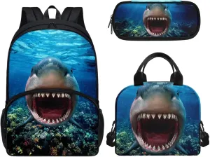 3D Shark Backpack with Waterproof Lunch Box Kit Pencil Case for Kids School Book Bag Set of 3, Lightweight Back to School Gift
