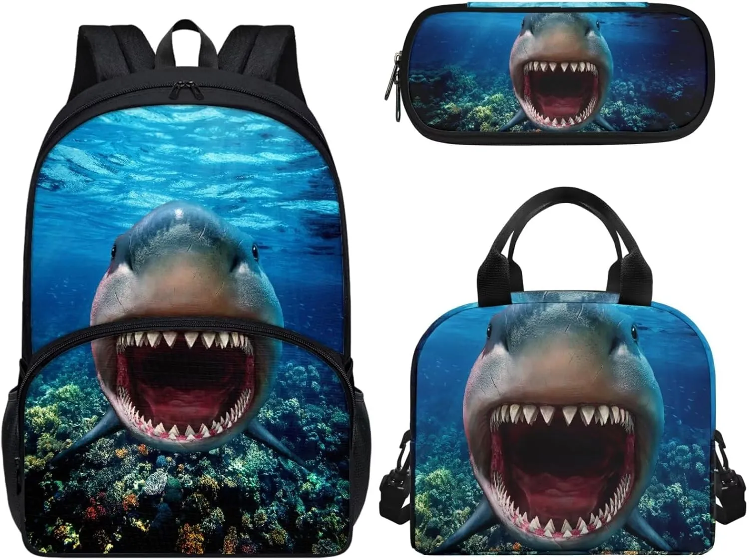 3D Shark Backpack with Waterproof Lunch Box Kit Pencil Case for Kids School Book Bag Set of 3, Lightweight Back to School Gift