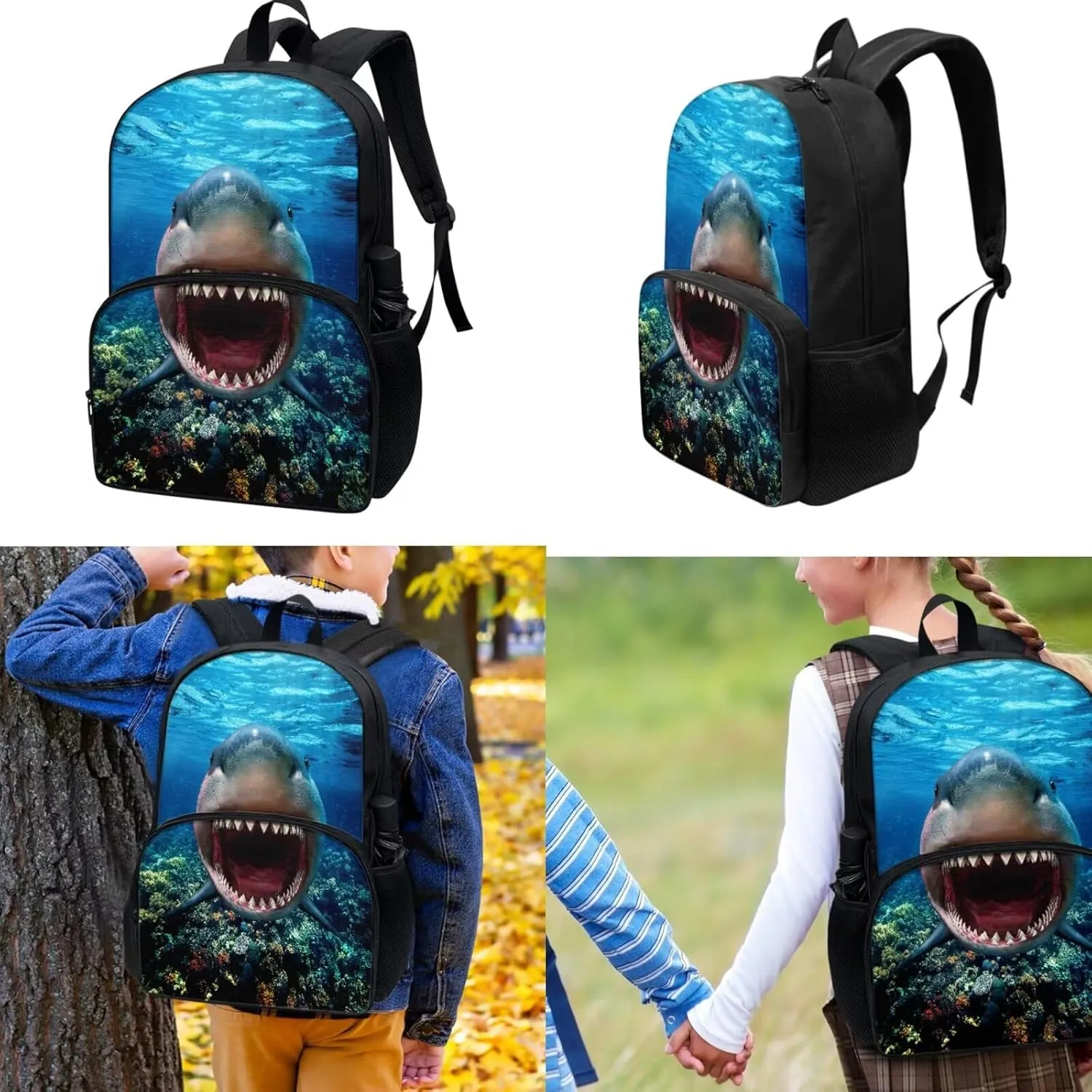 3D Shark Backpack with Waterproof Lunch Box Kit Pencil Case for Kids School Book Bag Set of 3, Lightweight Back to School Gift