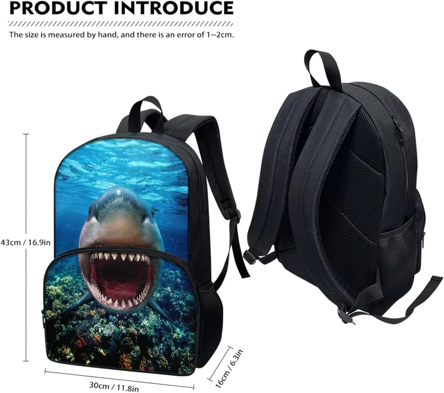 3D Shark Backpack with Waterproof Lunch Box Kit Pencil Case for Kids School Book Bag Set of 3, Lightweight Back to School Gift