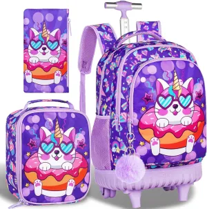 3PCS Kids Rolling Backpack, Boys Girls Roller Wheels Bookbag, Wheeled School Bag with Lunch Bag