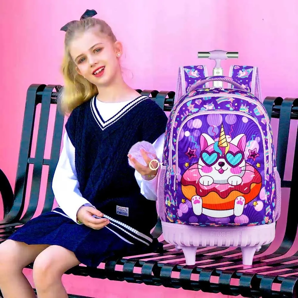 3PCS Kids Rolling Backpack, Boys Girls Roller Wheels Bookbag, Wheeled School Bag with Lunch Bag