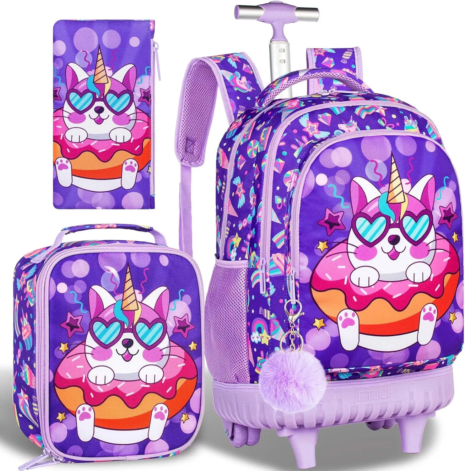 3PCS Kids Rolling Backpack, Boys Girls Roller Wheels Bookbag, Wheeled School Bag with Lunch Bag
