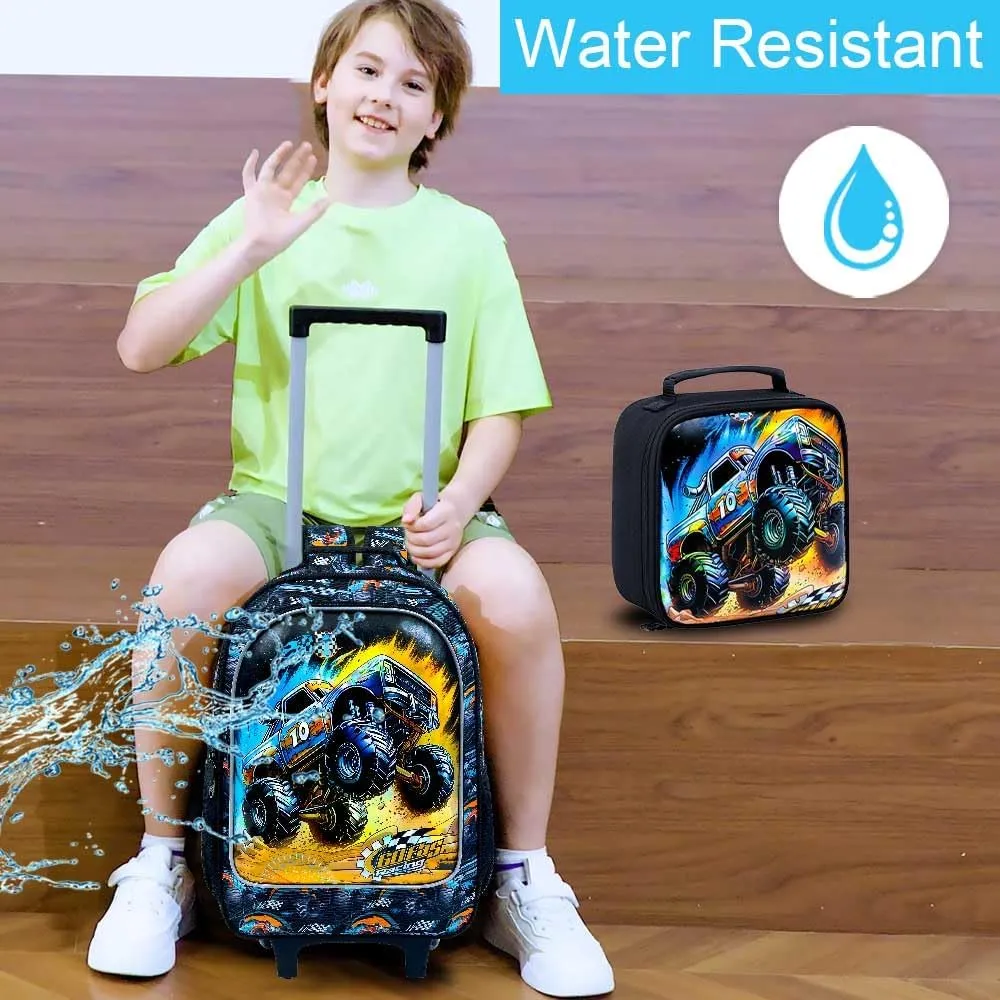 3PCS Rolling Backpack for Boys, Kids Roller Bookbag with Wheels, Car Wheeled School Backpack for Elementary Preschool Kindergarten(Black)