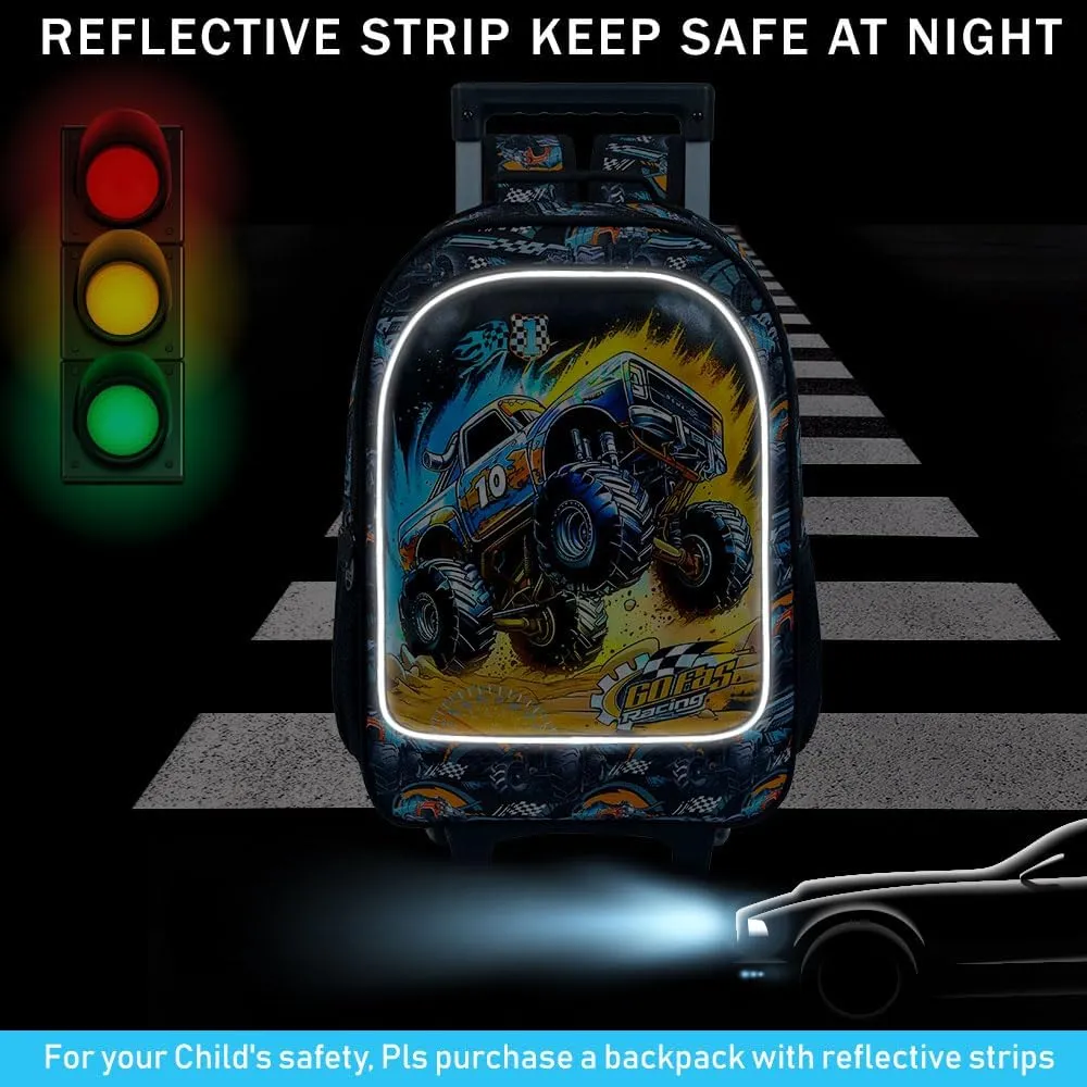 3PCS Rolling Backpack for Boys, Kids Roller Bookbag with Wheels, Car Wheeled School Backpack for Elementary Preschool Kindergarten(Black)