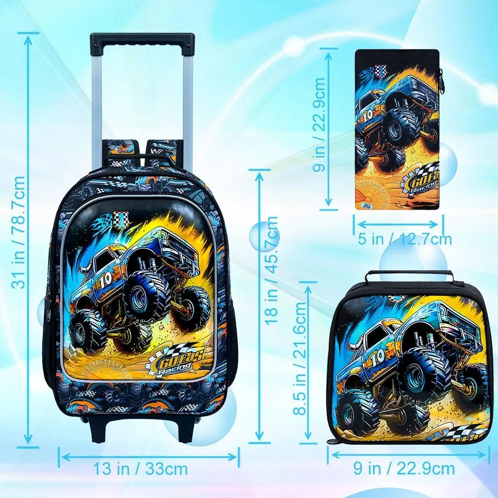 3PCS Rolling Backpack for Boys, Kids Roller Bookbag with Wheels, Car Wheeled School Backpack for Elementary Preschool Kindergarten(Black)