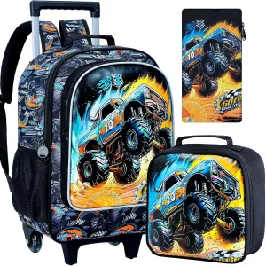 3PCS Rolling Backpack for Boys, Kids Roller Bookbag with Wheels, Car Wheeled School Backpack for Elementary Preschool Kindergarten(Black)